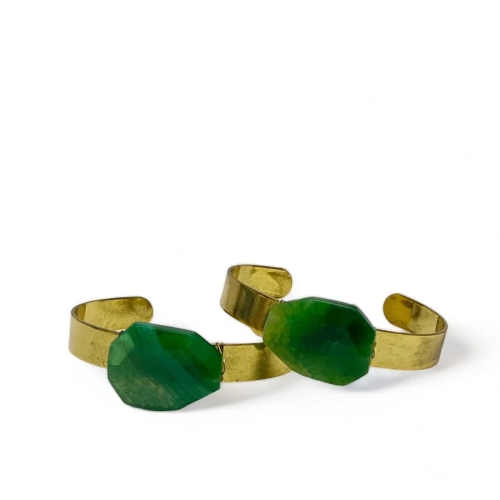 Set of 2 Goldtone Green Agate Stone Cuff Bracelets